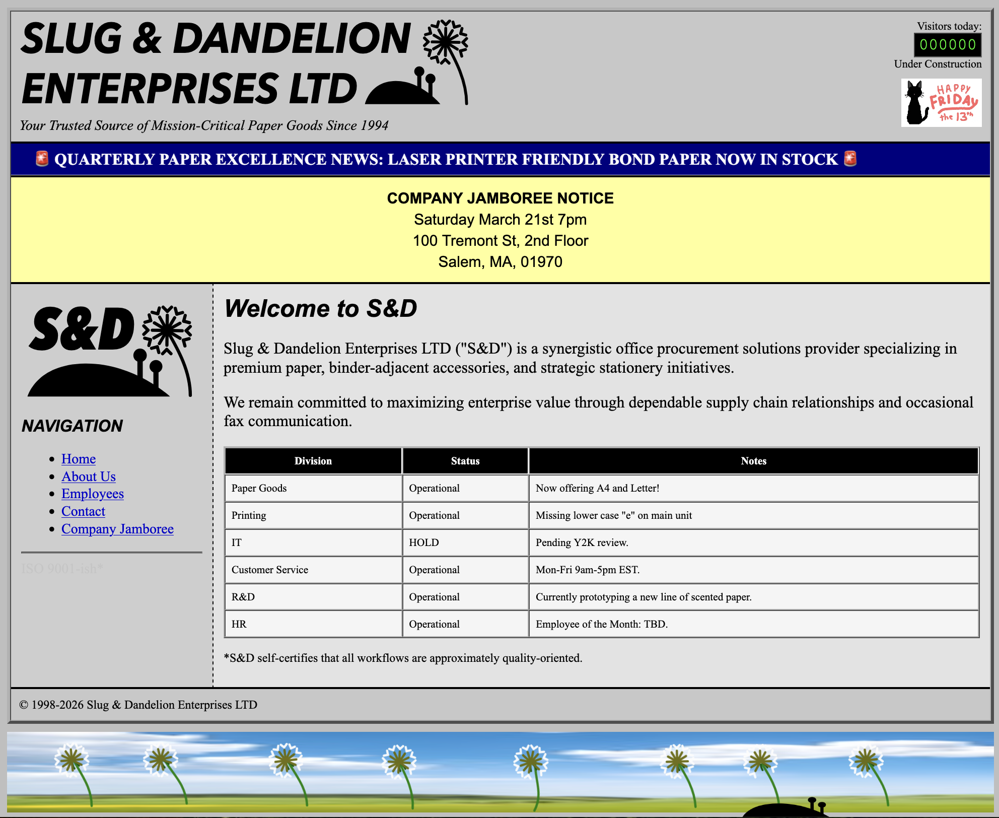 Screenshot of the Slug & Dandelion Enterprises site, March 2026